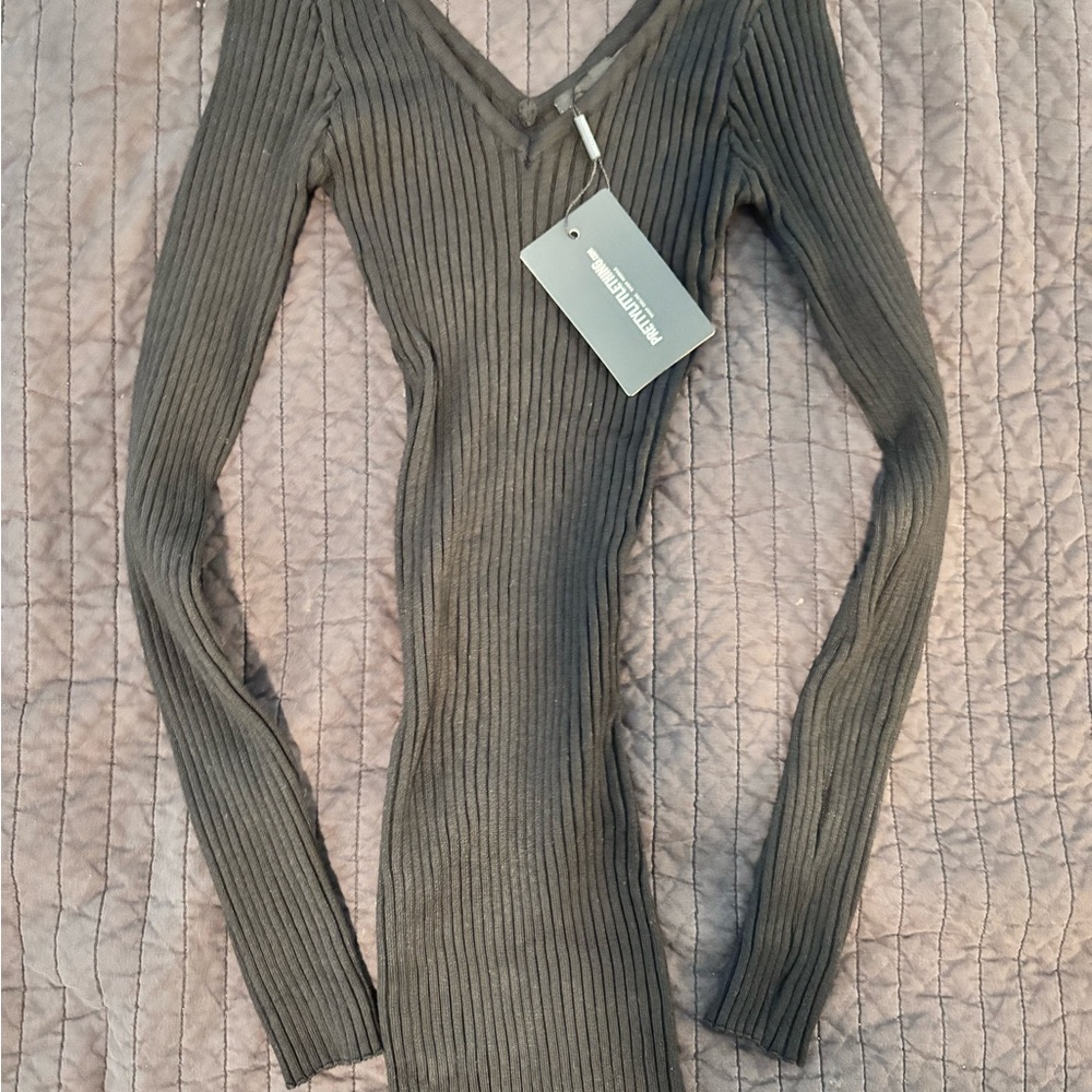 Ribbed V-Neck Long Sleeve Dress